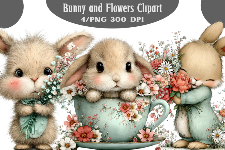 Bunny and flowers clipart png