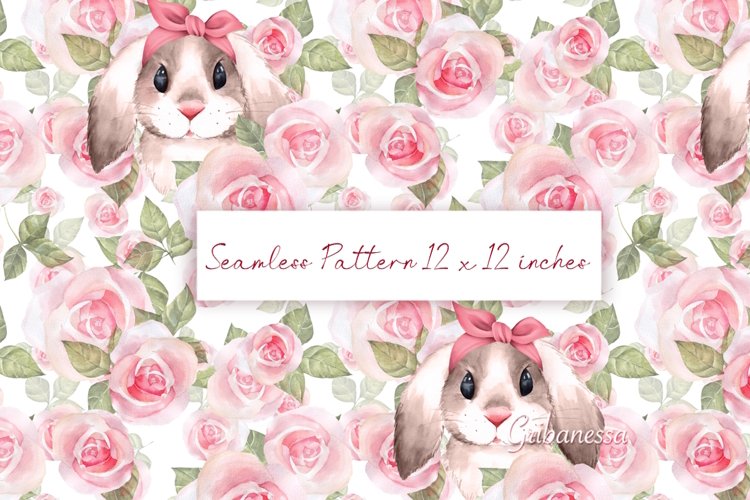 Watercolor seamless pattern | Bunny and rose flowers example image 1