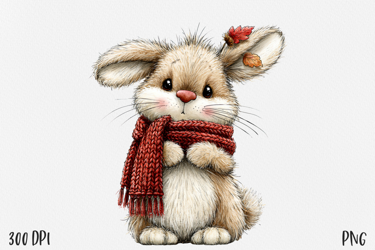 Autumn Bunny PNG, Cute Rabbit Clipart, Cozy Red Scarf Fall