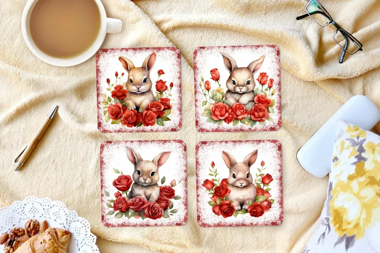 Bunny with Roses-4" Coaster Sublimation -PNG Design