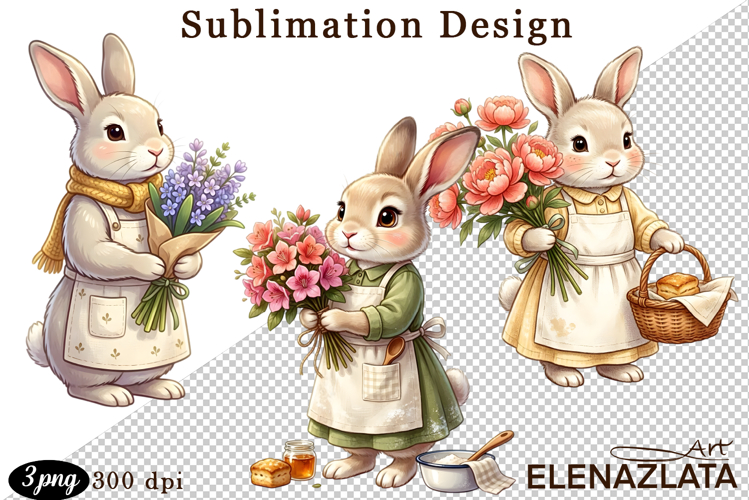 Cute Bunny Floral Sublimation PNG, animals clipart