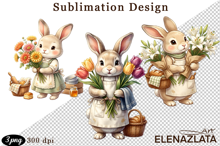 Cute Bunny Floral Sublimation PNG, animals clipart