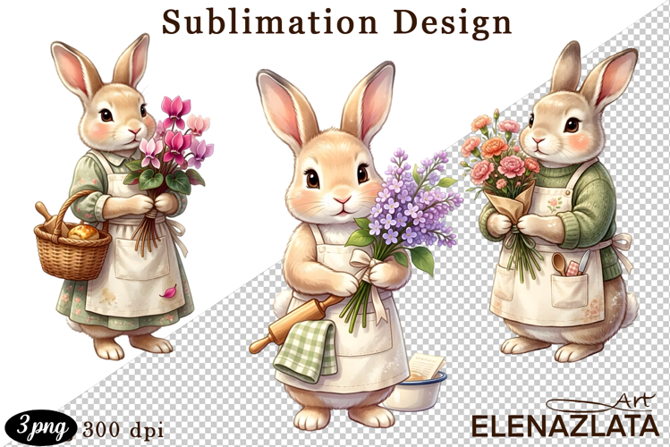 Cute Bunny Floral Sublimation PNG, animals clipart