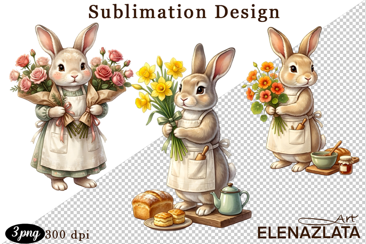 Cute Bunny Floral Sublimation PNG, animals clipart
