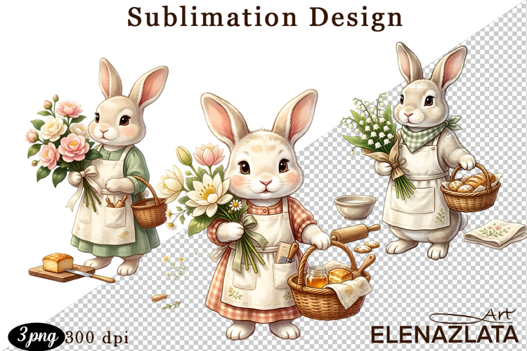 Cute Bunny Floral Sublimation PNG, animals clipart