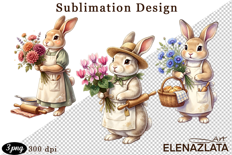 Cute Bunny Floral Sublimation PNG, animals clipart