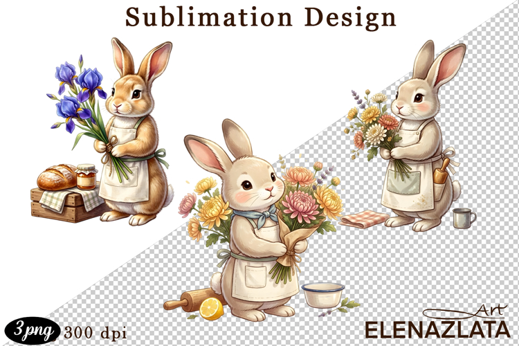 Cute Bunny Floral Sublimation PNG, animals clipart