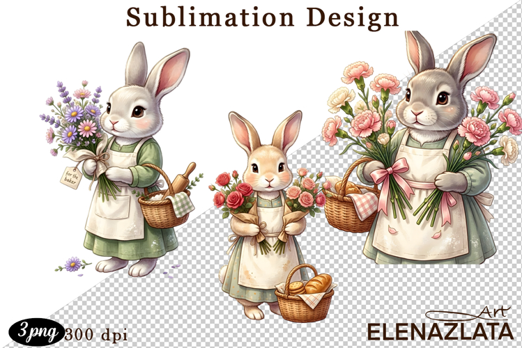 Cute Bunny Floral Sublimation PNG, animals clipart