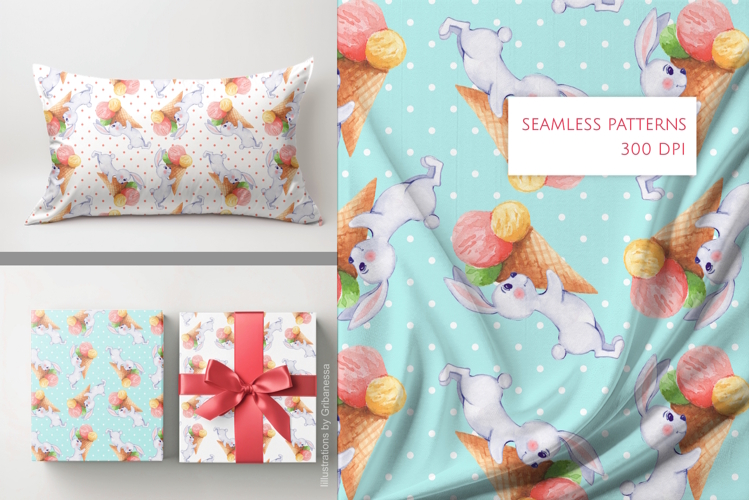 Watercolor Bunny with Ice Cream Seamless Patterns