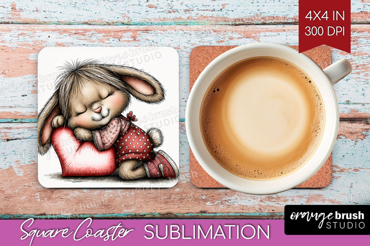 Bunny Sleeping Valentine Square Coaster Whimsical Animal PNG