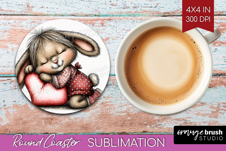 Bunny Sleeping Valentine Round Coaster Whimsical Animal PNG