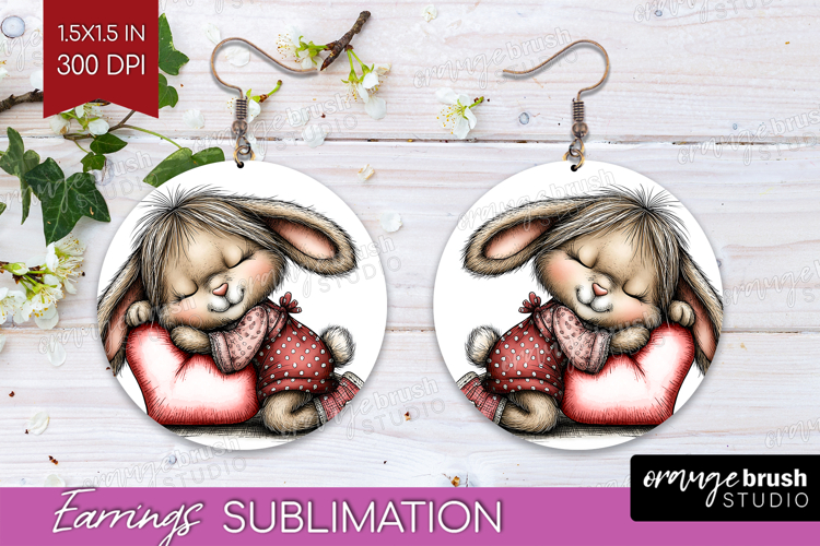 Bunny Sleeping Valentine Round Earrings Whimsical Animal PNG