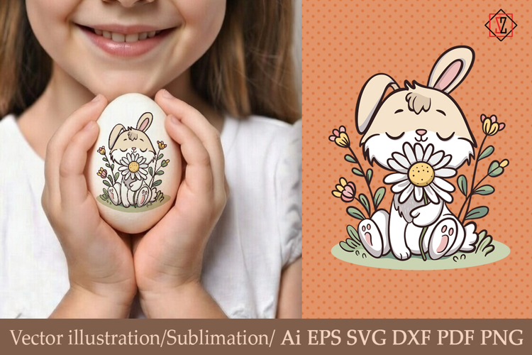 Bunny with Chamomile / Vector Illustration / Sublimation