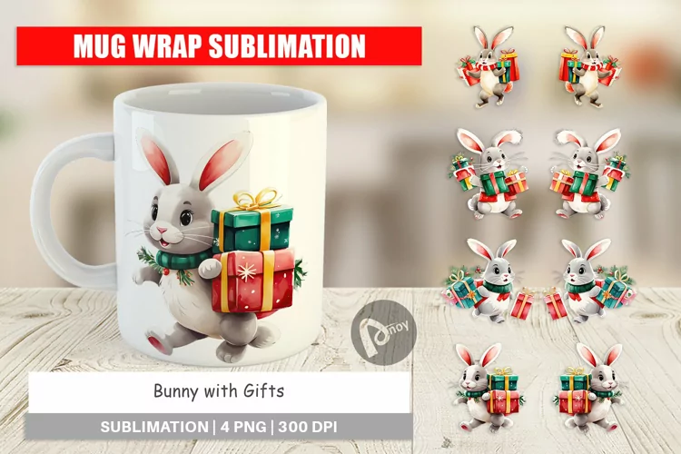 Mug Wrap Design Bunny with Gifts
