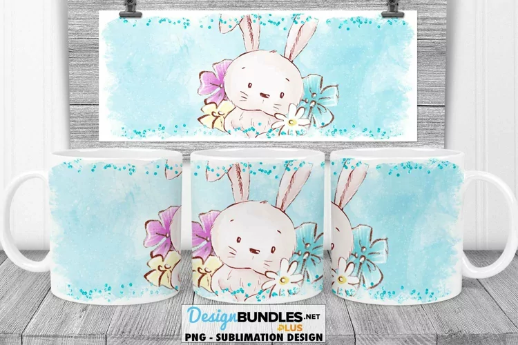 Spring Easter Bunny Mug Sublimation | Bunny with Flowers Mug