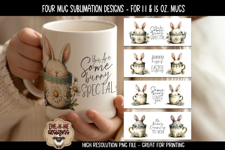 Easter Bunny in Cups - Four Sublimation Mug 11 & 15 oz PNGs