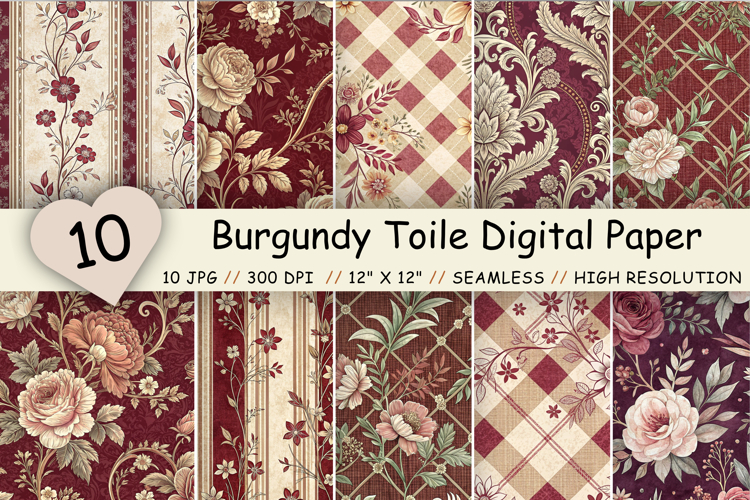 Burgundy Toile Digital Paper Pack, Vintage Floral Toile