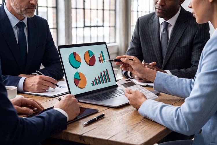 Business People Analyzing Data on Laptop in Office