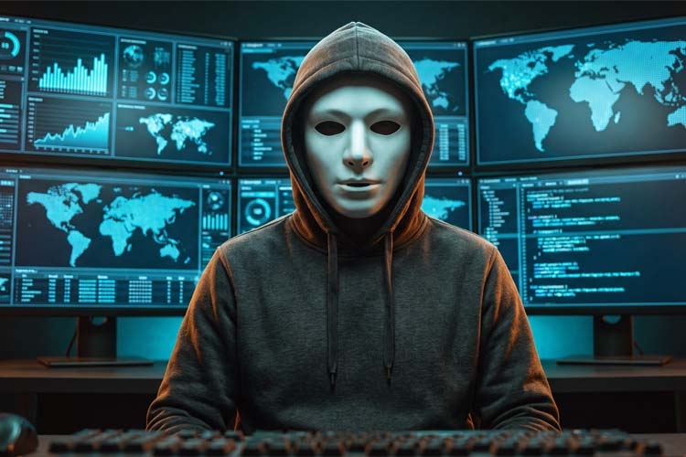 Cyber Security Hacker in Mask with Multiple Digital Screens
