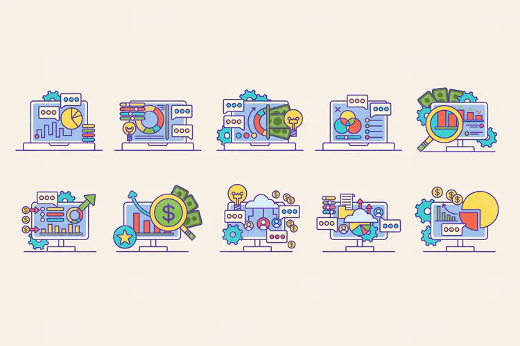 Business Icons - 10 Colorful Outline Designs