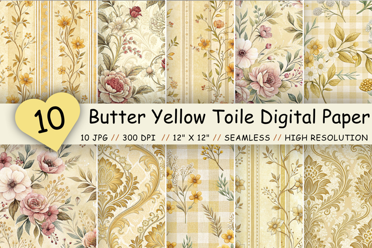 Butter Yellow Toile Digital Paper Pack, Vintage Floral Toile