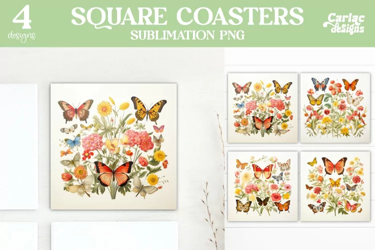 Butterflies Coaster Sublimation, Colorful Square Coaster