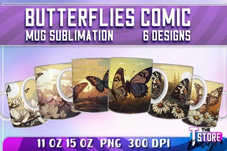 Butterflies Comic Mug Sublimation | 11 oz 15 oz Mug | PNG