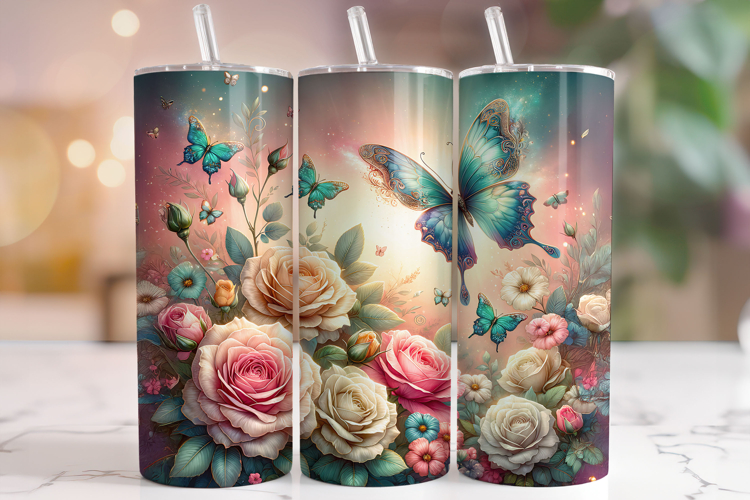 Butterfly Tumbler Wrap PNG, Floral Butterflies Tumbler Wrap