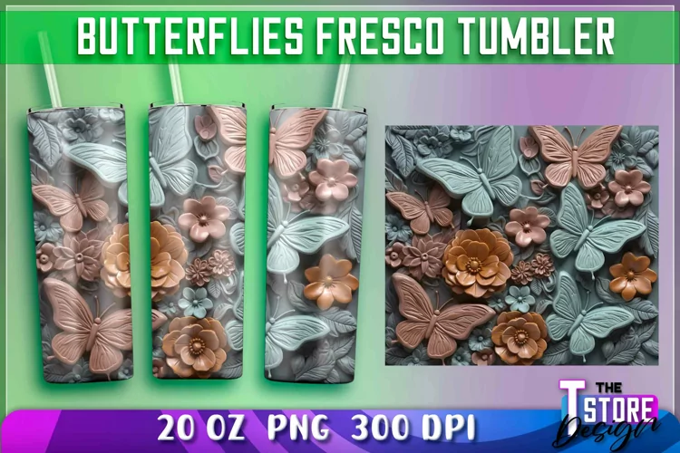 Butterflies Fresco Tumblers Wrap 20 oz. | PNG Sublimation