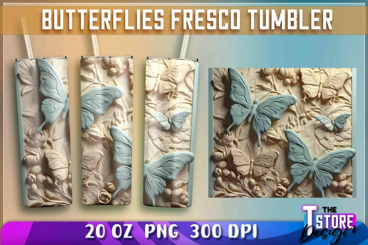 Butterflies Fresco Tumblers Wrap 20 oz. | PNG Sublimation