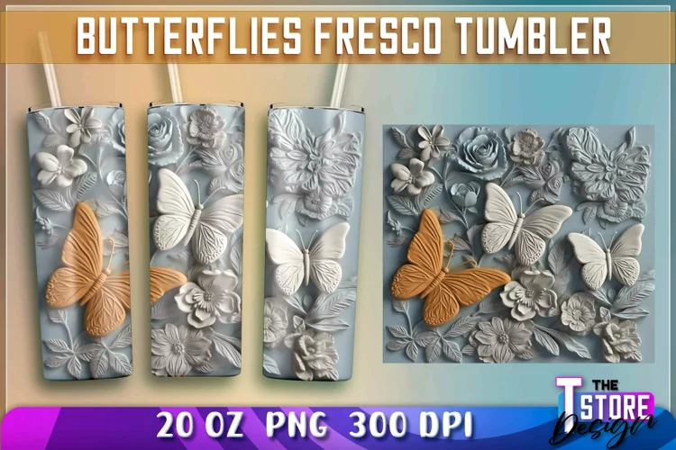 Butterflies Fresco Tumblers Wrap 20 oz. | PNG Sublimation