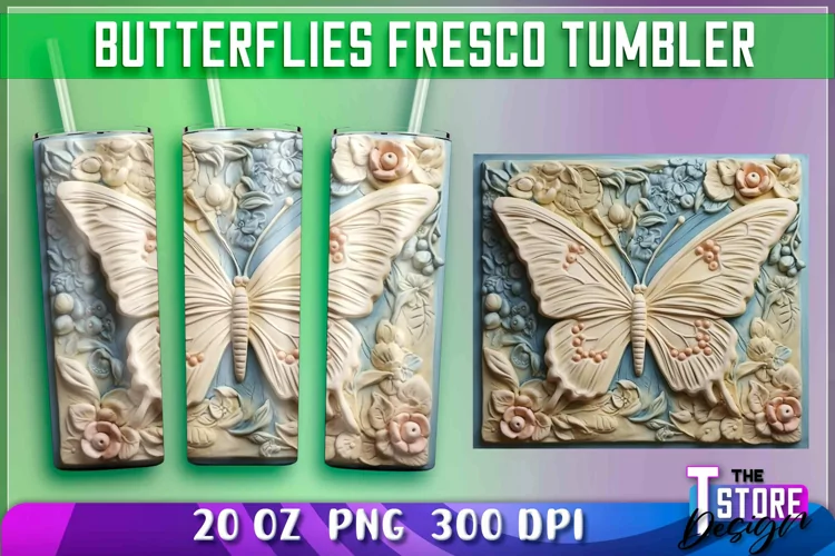 Butterflies Fresco Tumblers Wrap 20 oz. | PNG Sublimation