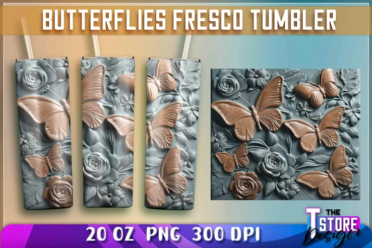 Butterflies Fresco Tumblers Wrap 20 oz. | PNG Sublimation