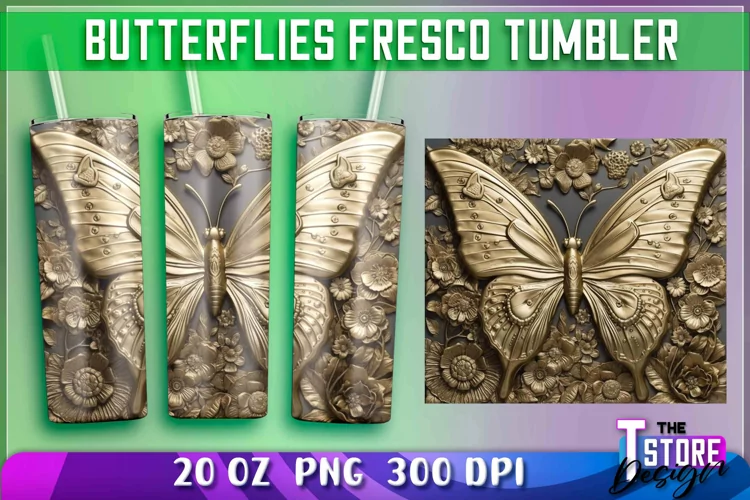 Butterflies Fresco Tumblers Wrap 20 oz. | PNG Sublimation