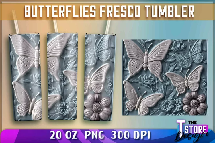Butterflies Fresco Tumblers Wrap 20 oz. | PNG Sublimation