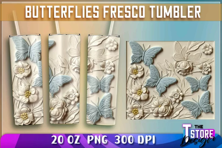 Butterflies Fresco Tumblers Wrap 20 oz. | PNG Sublimation