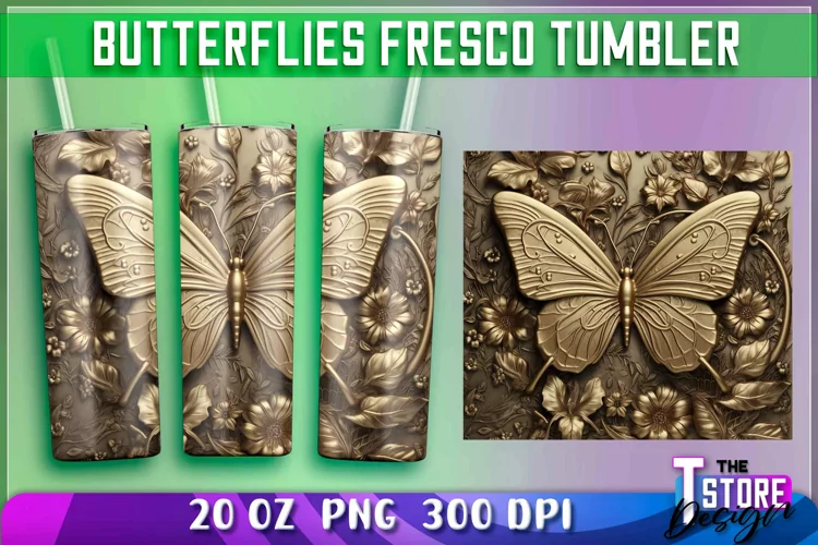 Butterflies Fresco Tumblers Wrap 20 oz. | PNG Sublimation