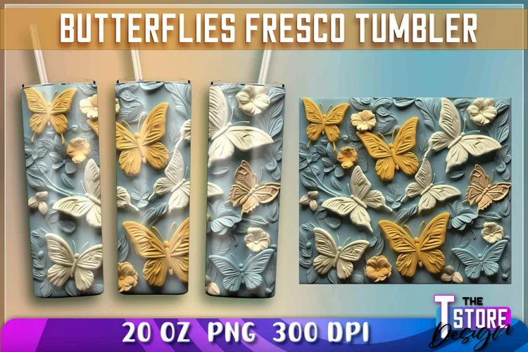 Butterflies Fresco Tumblers Wrap 20 oz. | PNG Sublimation