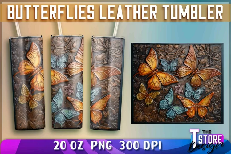 Butterflies Leather Tumblers Wrap 20 oz. | PNG Sublimation