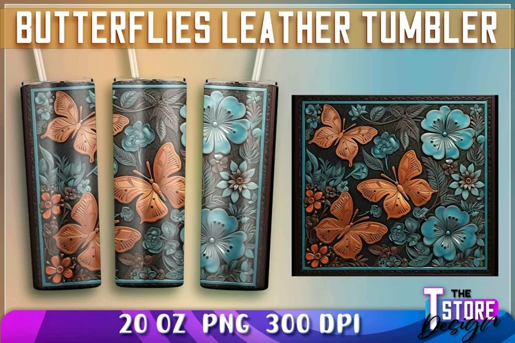 Butterflies Leather Tumblers Wrap 20 oz. | PNG Sublimation