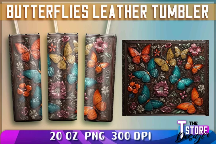 Butterflies Leather Tumblers Wrap 20 oz. | PNG Sublimation