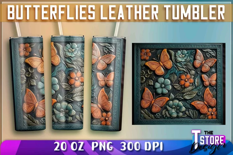 Butterflies Leather Tumblers Wrap 20 oz. | PNG Sublimation