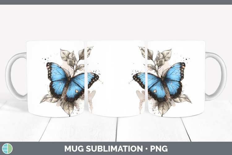 Blue Morpho Butterflies Sketch Mug Wrap Sublimation Design