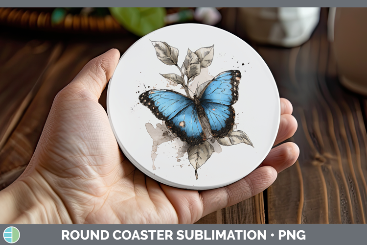 Blue Morpho Butterflies Sketch Round Coaster Sublimation Des