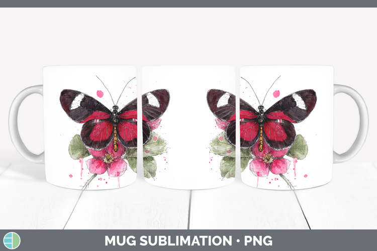 Crimson Rose Butterflies Sketch Mug Wrap Sublimation Design