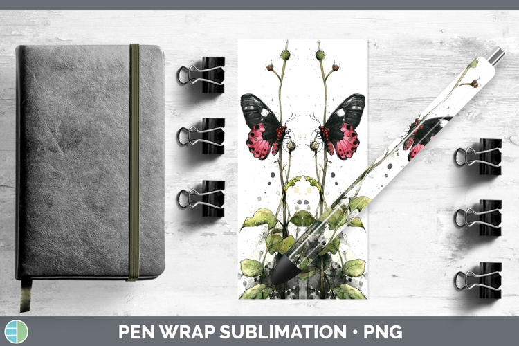 Crimson Rose Butterflies Sketch Pen Wrap Sublimation Design