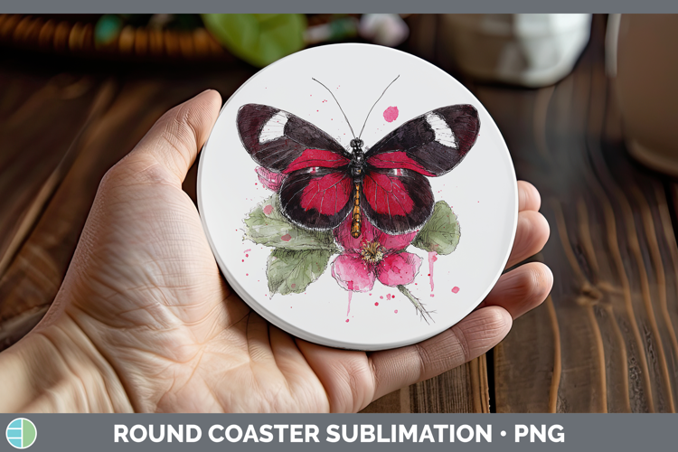 Crimson Rose Butterflies Sketch Round Coaster Sublimation De