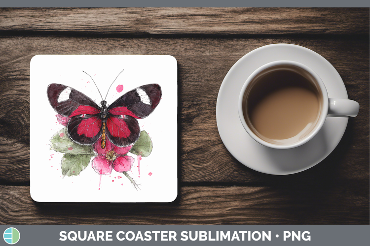 Crimson Rose Butterflies Sketch Square Coaster Sublimation D