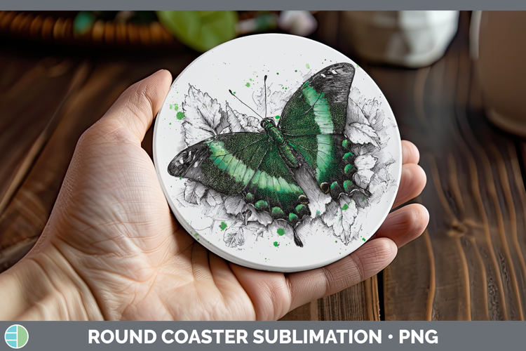 Emerald Swallowtail Butterflies Sketch Round Coaster Sublima