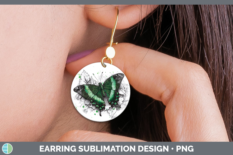 Emerald Swallowtail Butterflies Sketch Round Earrings Sublim